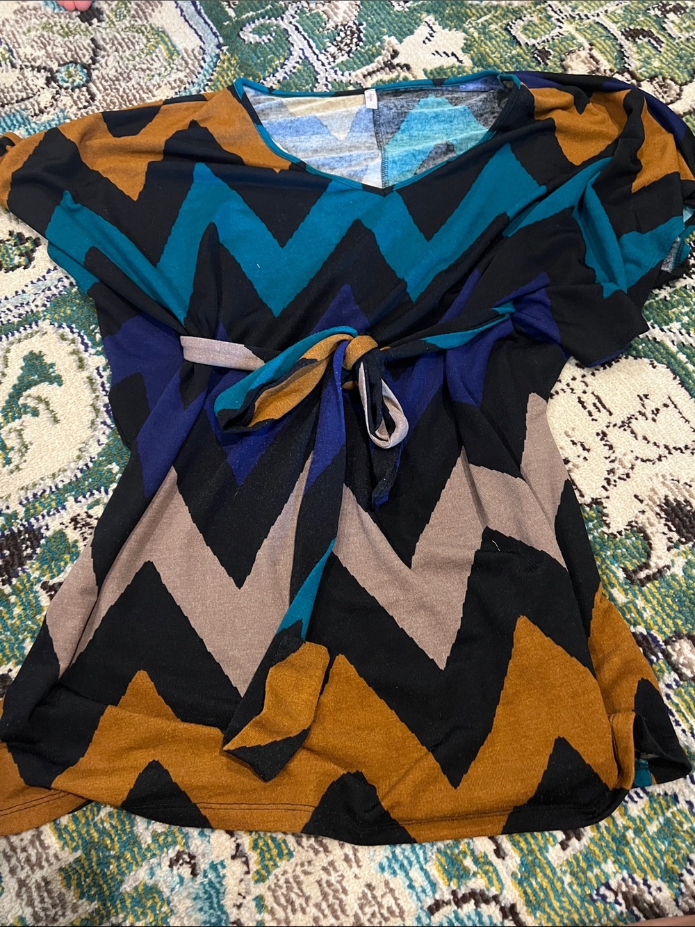 Chevron Tie-Front Women's Top in Teal, Mustard & Gray